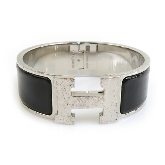 Hermes Hermès Click-Clack Metal Enamel Bangle Bracelet in Silver and Black fo... - Picture 1 of 5